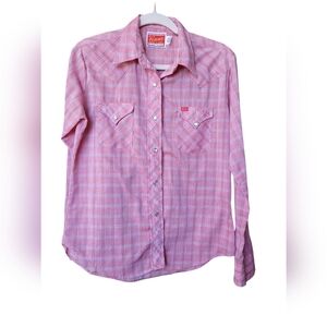 70s Western Shirt Ely Plains Pearl Snap Pink Plaid Cowgirl USA Womens 13/14